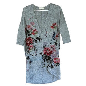 Ginger G Open Cardigan Kimono sz M Floral Birds Short Sleeve Gray